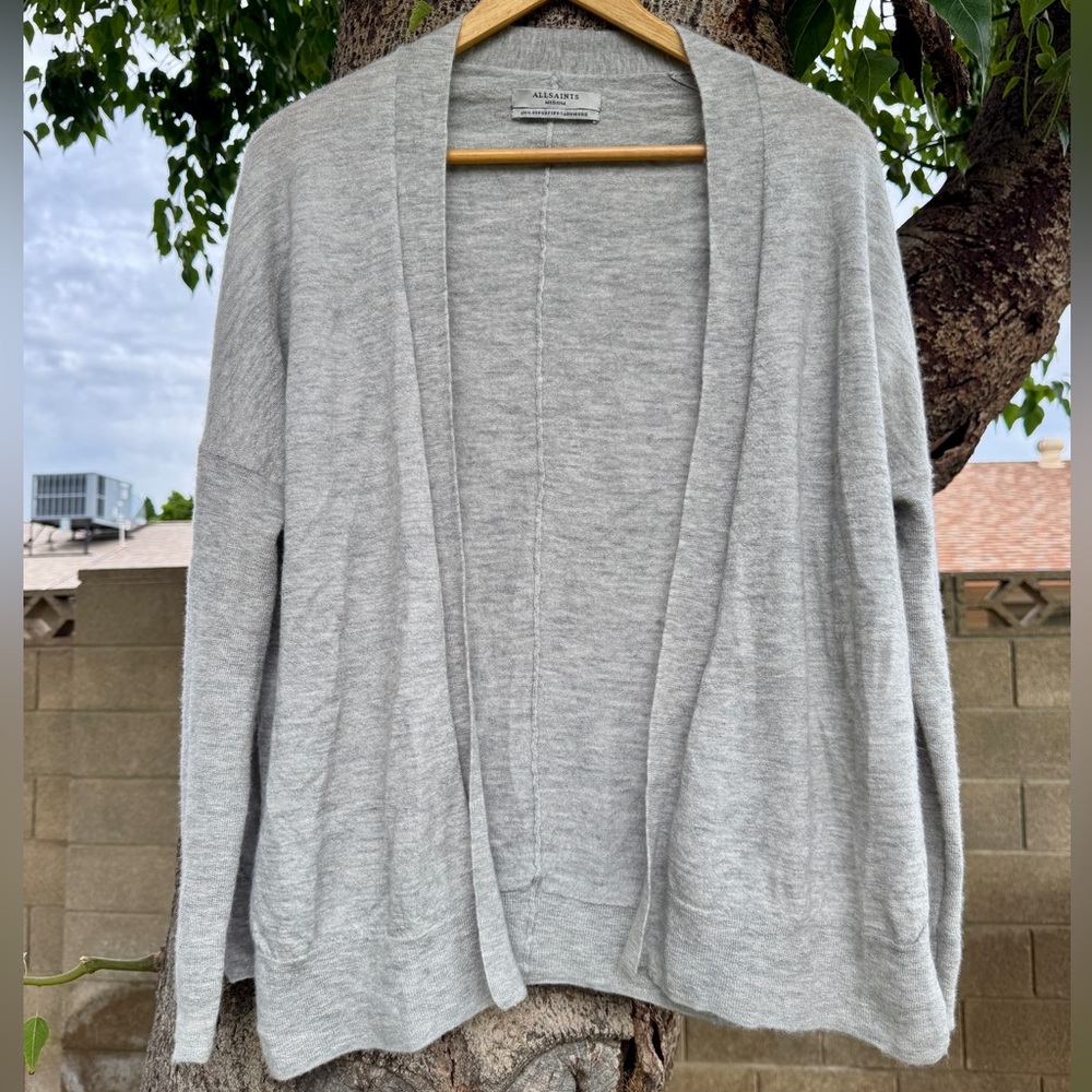 AllSaints Quiet Luxury 100% Cashmere Lotus Grey Open Front Cardigan Sweater M
